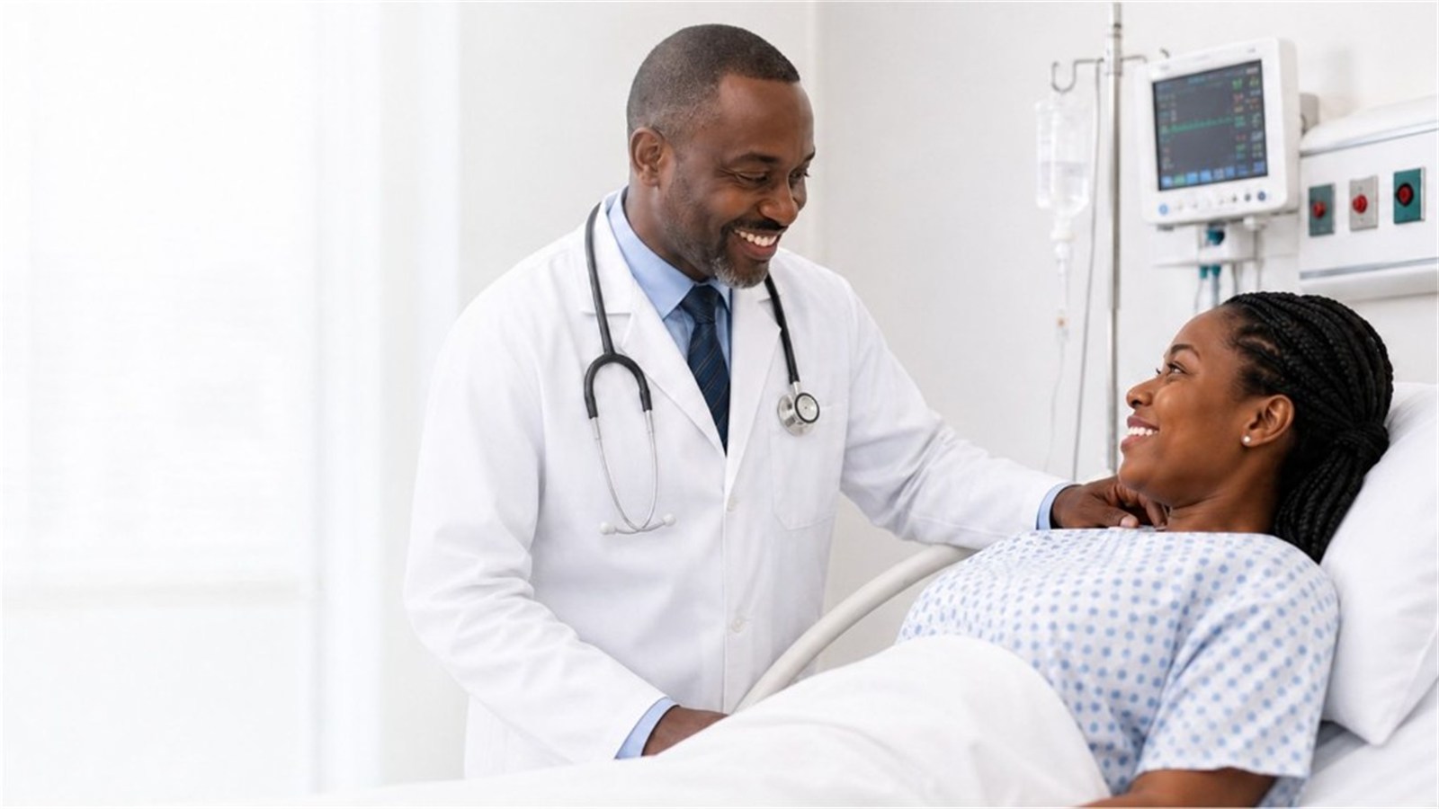 Black African doctor supporting a patient at Nisa Premier Hospital