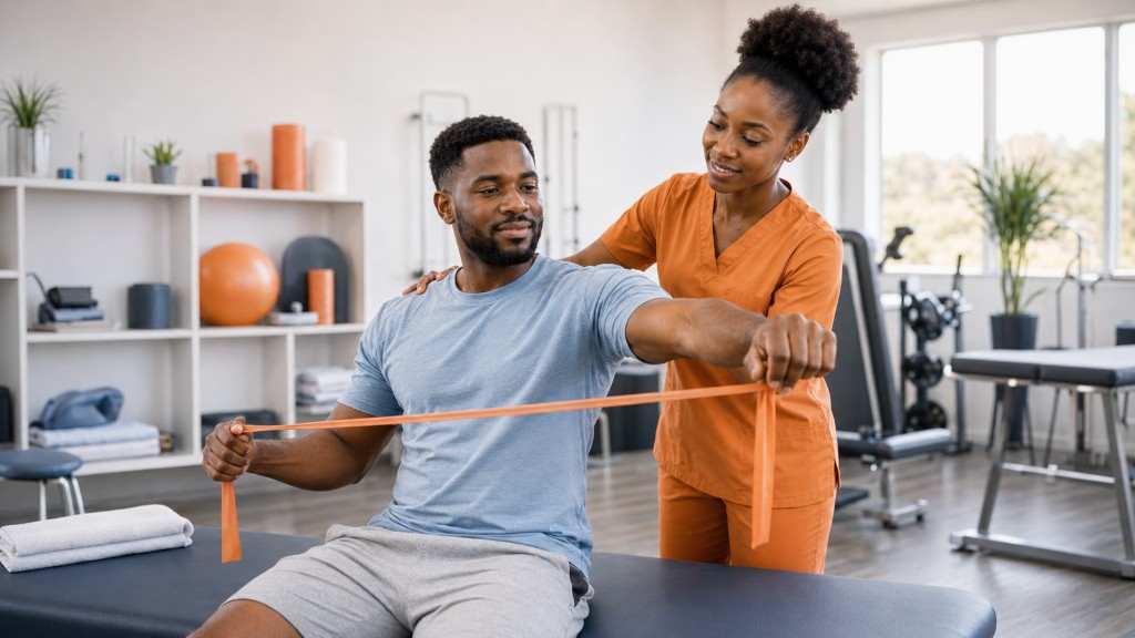 Physiotherapist supporting a patient during rehabilitation
