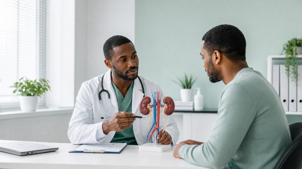 Urologist explaining kidney care using a medical model